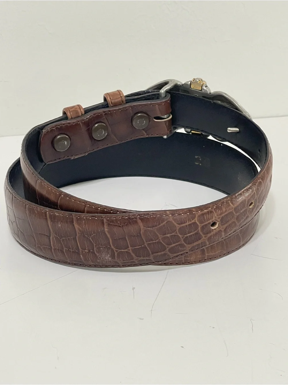 Vintage Vicenza Genuine Italian Calfskin Croc Embossed Belt Ornate Buckle Sz 28